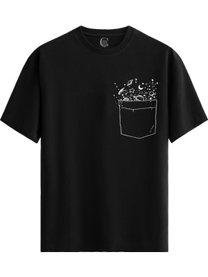 Color Luxe Galactic Pocket Pamuklu Kadın Siyah Tişört - Premium Quality