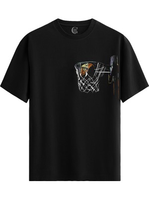 Color Luxe Basketball Sketch Pamuklu Kadın Siyah Tişört - Premium Quality