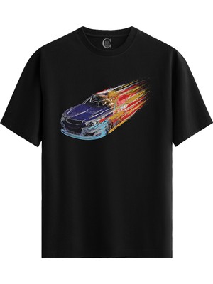 Color Luxe Burning Car Pamuklu Erkek Siyah Tişört - Premium Quality