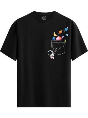 Color Luxe Cosmic Pocket Pamuklu Erkek Siyah Tişört - Premium Quality