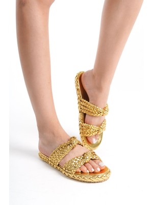 Limeo Gold Parlak Rugan Çift şeritli Alçak Topuklu Kadın Abiye Yazlık Günlük Terlik Sandalet
