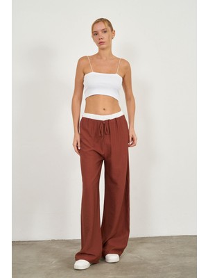 Beli Garnili Bağcıklı Bol Keten Görünümlü Pantolon