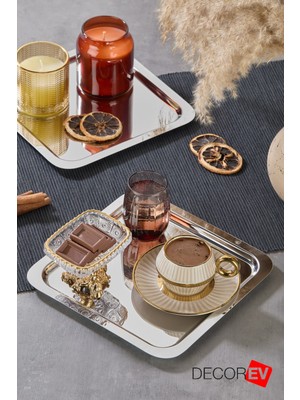 Decorev Lüx Kare Aksesuarlı Paslanmaz Çelik 6’lı Gümüş Renk Kahve, Çay, Dekoratif Sunum Servis Tepsi