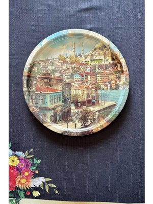 Decorev Desenli Modern Tepsi Çok Amaçlı Sunum Tepsisi 32 cm Yuvarlak Tepsi