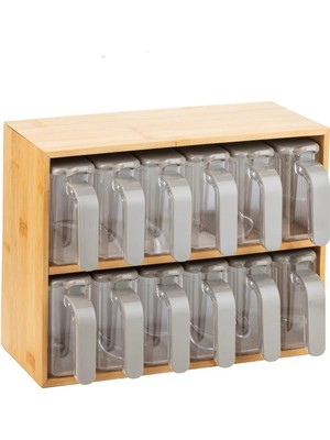 Decorev Bambu Standlı 12'li Baharatlık Seti Takımı Kaşıklı Pratik Saklama Kabı 25 Parça