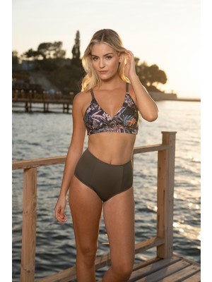 Estiva Yüksek Bel Kruvaze Desenli Bikini Takımı - Kahverengi