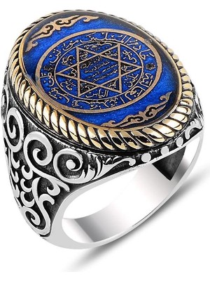 Mührü Süleyman Motifli Mavi Mineli Gümüş Erkek Yüzük