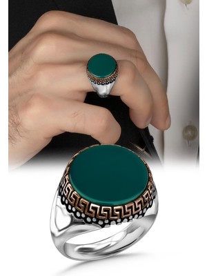 Yeşil Akik Taşlı Gümüş Erkek Yüzük
