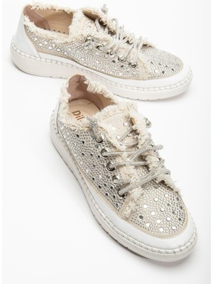 Kadın Günlük Ayakkabı Bej Taş Bağcıklı Kot Malzeme