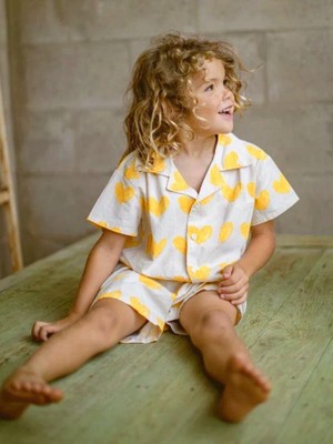 Magu Kız Çocuk Kısa Kollu Düğmeli Gömlek ve Şort Ikili Takım – Kalpli Desen