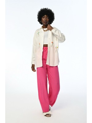 Kadın Renkli Taşlı Boncuklu Pamuk Saten Gömlek