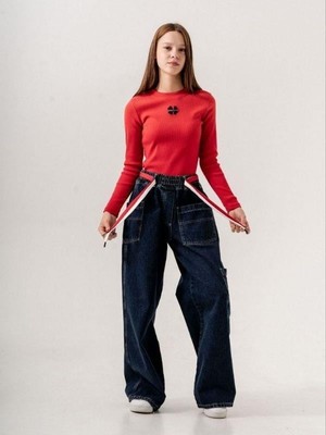 Zekids Kız Çocuk Beli Lastikli Renkli Kemerli Bol Paça Tasarım Kot Pantolon