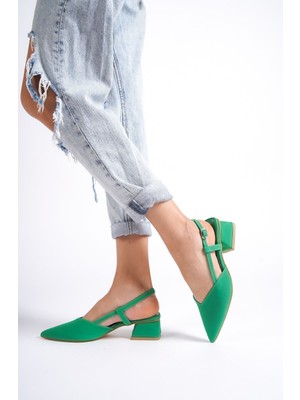 Limeo Yeşil Alçak Kalın Topuklu Yandan Tokalı Kadın Abiye Klasik Topuklu Ayakkabı