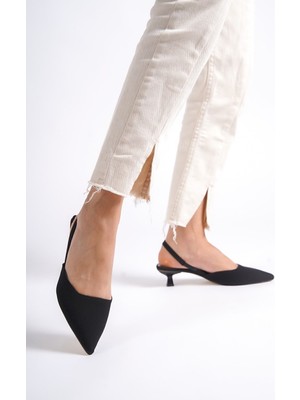 Limeo Siyah Alçak Ince Topuklu Yandan Lastikli Kadın Abiye Klasik Topuklu Ayakkabı