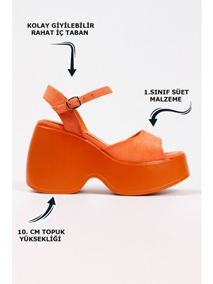 Limeo Turuncu Yüksek Taban Yandan Tokalı Süet Tek Şeritli Önü Açık Yazlık Kadın Sandalet Ayakkabı