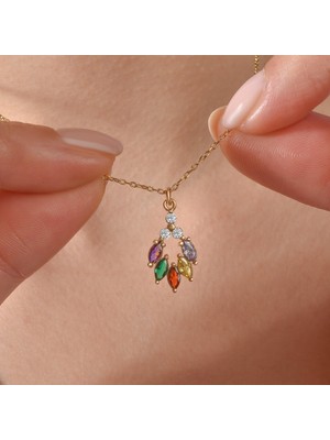 Nox Jewelry 14 Ayar Altın Kaplama Renkli Taşlı Çiçek Yaprağı Tasarım Gümüş Kolye - CNS00615