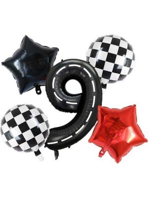 Parti Sürprizi Siyah Yarış Pisti Damalı 9 Yaş Folyo Balon Set