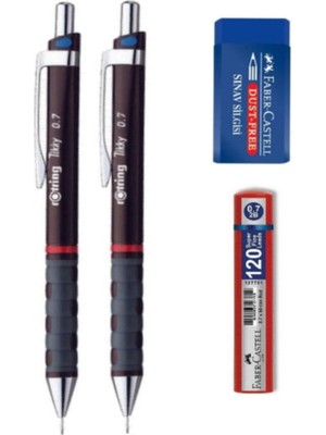 Rotring 2'li Bordo Tikky 0.7 Uçlu Versatil Kalem - 1 Adet Orta Boy Sınav Silgisi - 1 Adet 120 Min Uç Kırmızı