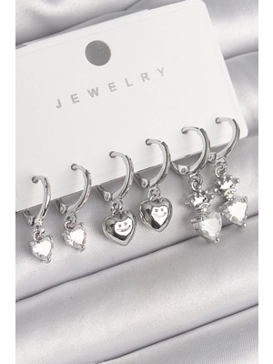 Pirinç Gümüş Renk Sallantı Zirkon Taşlı Kalp Model Taç Detay Kadın Küpe Seti