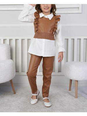 Kız Çocukları Için Gömlekli Deri Yelek ve Pantolonlu 3'lü Kombin Takım