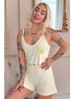 Pijama Evi Sarı Citron Fresh Desenli Örme Ip Askı Şortlu Kadın Pijama Takımı