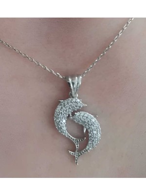 Gümüş Çift Yunus Balığı Kadın Kolye