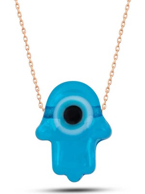 Gümüş Rose Mavi Nazarlı Cam Fatma Ana Eli Kadın Kolye