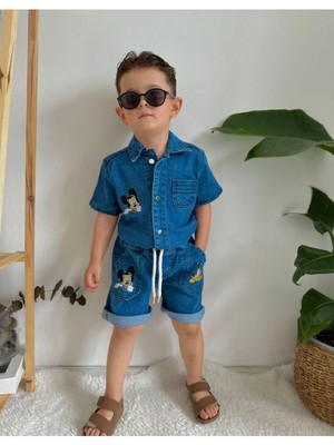 Mickey Mouse Baskılı Kot Şort Gömlek