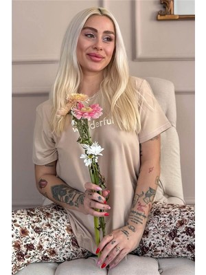 Pijama Evi Bej Wonderful Desenli Kısa Kollu Örme Kadın Pijama Takımı