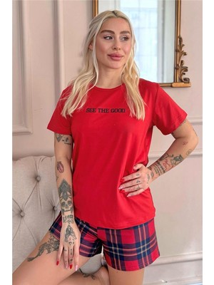 Pijama Evi Kırmızı See The Good Desenli Kısa Kollu Şortlu Örme Kadın Pijama Takımı