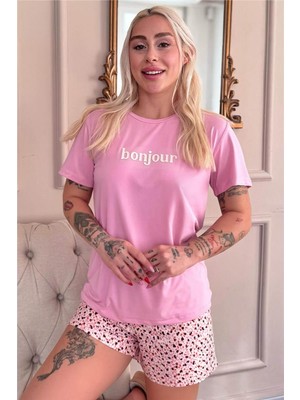 Pijama Evi Pembe Bonjour Desenli Kısa Kollu Şortlu Örme Kadın Pijama Takımı