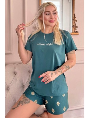Pijama Evi Zümrüt Silent Desenli Kısa Kollu Şortlu Örme Kadın Pijama Takımı