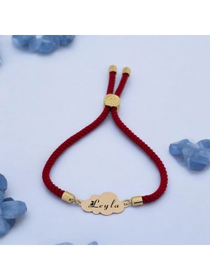 Archin Örgü İpli ve Bulut Figürlü 14  Ayar Altın Plakalı Kadınlar İçin İsme Özel Bileklik-364 İsim - Kırmızı