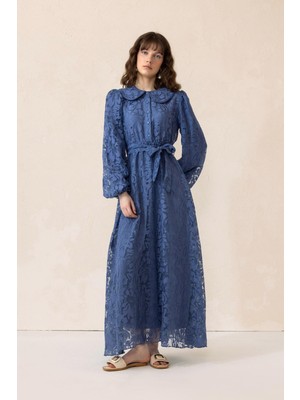 Olcay Bebe Yaka Balon Kol Güpür Kumaş Uzun Elbise Indigo 9300-E