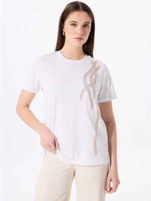 Kırık Beyaz Kadın Relaxed Taşlı T-Shirt FC5SL-TST0196