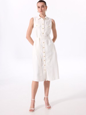 Fabrika Gömlek Yaka Düz Beyaz Diz Altı Kadın Elbise F5SL-ELB0015