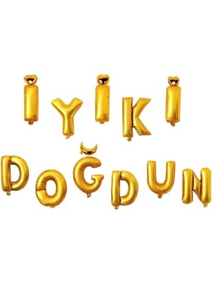 Doğum Günleri Için Iyi Ki Doğdun Yazılı 11 Parça Gold Altın Renk Harf Folyo Balon Seti Balonların Her Harf Ayrı Ayrı Balon 40  cm .