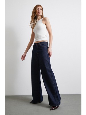 Beş Cepli Yüksek Bel Bol Paça Jean Koyu Lacivert