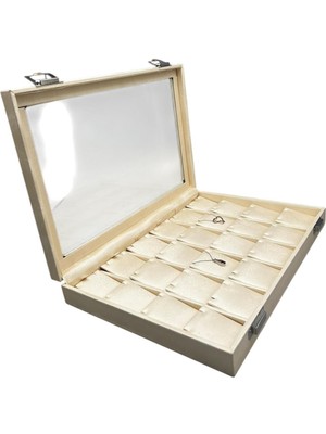 Nidage Yeni Cam Kapaklı İmera Deri Kumaş Krem Renk 34 cm / 24 cm Bölmeli Kolye Tablası