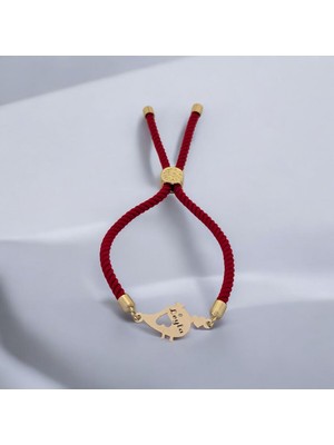 Archin Minik Kuş Figürlü Kadınlar İçin 14  Ayar Altın Plakalı Örgü İpli İsme Özel Bileklik-363 İsim - Kırmızı
