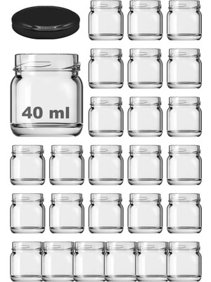Afracam 40 cc Kavanoz Metal Siyah Konserve Kapaklı 40 ml Şeffaf Küçük Numune Cam Kavanoz 25 Adet