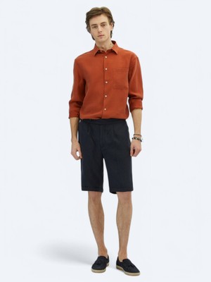 Lacivert Dokuma Carrot Fit Casual Bermuda