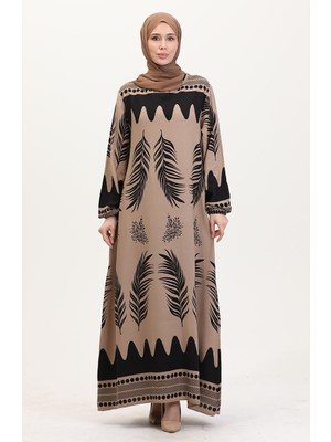 Sefa Merve Desenli Viskon Elbise 0005-04 Vizon