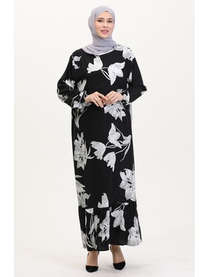 Sefa Merve Kolu Lastikli Desenli Viskon Elbise 0016-04 Siyah Gri