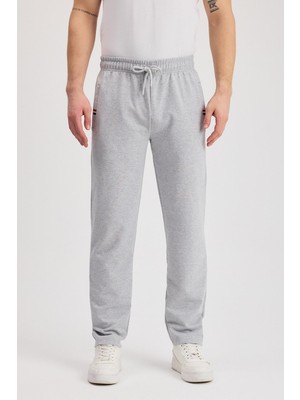 Gri Erkek Fermuarlı Cepli Nakış Detaylı Düz Paça Rahat Kesim Günlük Eşofman Altı