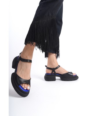 Sy Leather Bella Model Siyah Hakiki Deri Kalın Tabanlı Günlük Kadın Sandalet