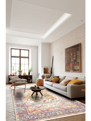 Bigartshome Renkli Heriz Desenli, Sarı ve Kırmızı Detaylı Eskitilmiş Vintage Dijital Şönil Halı