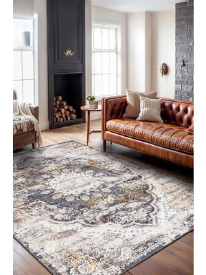 Bigartshome Vintage Desenli Göbekli Gri Salon Halısı, Dokuma Taban Dekoratif Şönil Halı