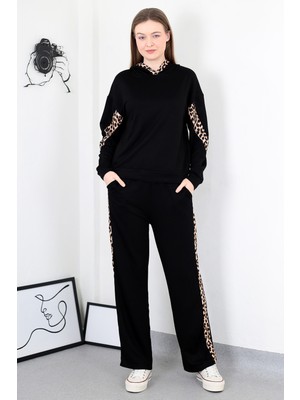 Leopar Desen Kapuşonlu Sweathirt Eşofman Takımı