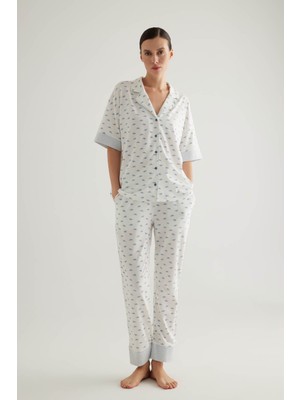 Kadın Pamuklu Gömlek Yaka Pantolon Pijama Takımı